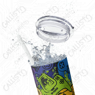 20oz Colorful Gaming Controller Collage Skinny Tumbler with Straw - Stylish and Fun Drinkware for Gamers