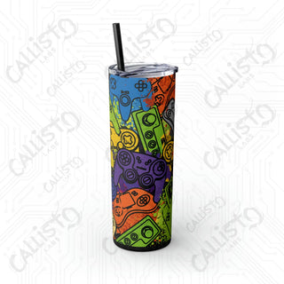 20oz Colorful Gaming Controller Collage Skinny Tumbler with Straw - Stylish and Fun Drinkware for Gamers