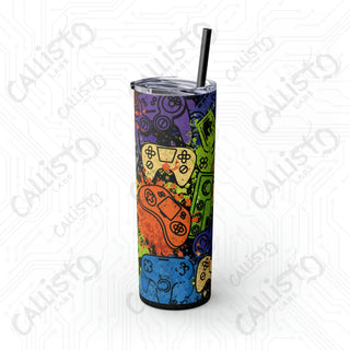 20oz Colorful Gaming Controller Collage Skinny Tumbler with Straw - Stylish and Fun Drinkware for Gamers