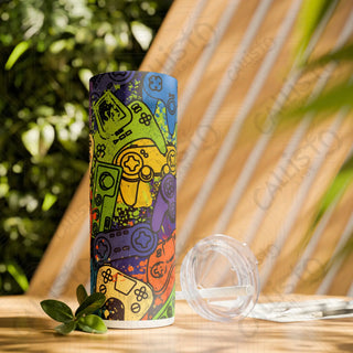 20oz Colorful Gaming Controller Collage Skinny Tumbler with Straw - Stylish and Fun Drinkware for Gamers - Glossy