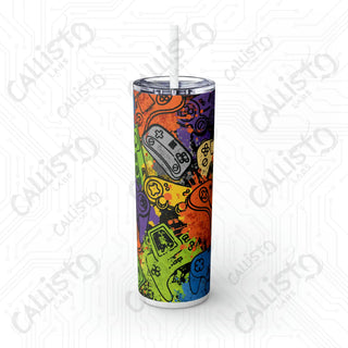 20oz Colorful Gaming Controller Collage Skinny Tumbler with Straw - Stylish and Fun Drinkware for Gamers