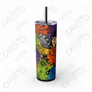 20oz Colorful Gaming Controller Collage Skinny Tumbler with Straw - Stylish and Fun Drinkware for Gamers