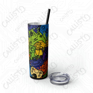 20oz Colorful Gaming Controller Collage Skinny Tumbler with Straw - Stylish and Fun Drinkware for Gamers