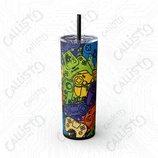 20oz Colorful Gaming Controller Collage Skinny Tumbler with Straw - Stylish and Fun Drinkware for Gamers