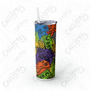 20oz Colorful Gaming Controller Collage Skinny Tumbler with Straw - Stylish and Fun Drinkware for Gamers