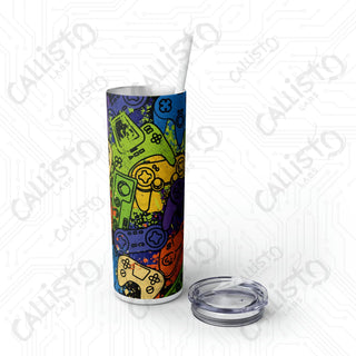 20oz Colorful Gaming Controller Collage Skinny Tumbler with Straw - Stylish and Fun Drinkware for Gamers