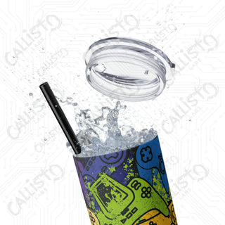 20oz Colorful Gaming Controller Collage Skinny Tumbler with Straw - Stylish and Fun Drinkware for Gamers