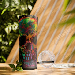 20oz Colorful Gothic Skull Skinny Tumbler with Straw - Stylish and Edgy Drinkware for Every Occasion - Matte / Black