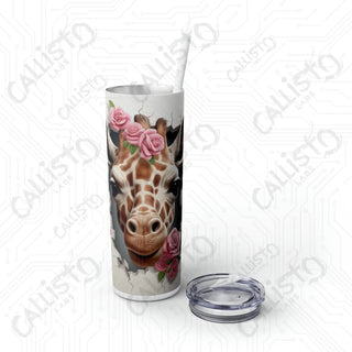 20oz Cute Giraffe Rose Skinny Tumbler with Straw - Charming and Stylish Drinkware - Glossy / White / 20oz