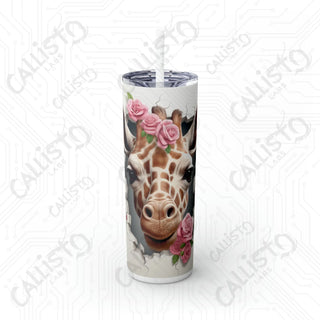 20oz Cute Giraffe Rose Skinny Tumbler with Straw - Charming and Stylish Drinkware - Glossy / White / 20oz