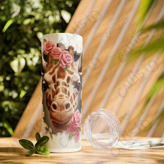 20oz Cute Giraffe Rose Skinny Tumbler with Straw - Charming and Stylish Drinkware - Glossy / White / 20oz