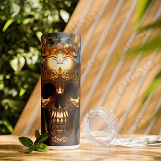 20oz Golden Skull Skinny Tumbler with Straw - Elegant and Edgy Drinkware for Stylish Sips - Glossy / White / 20oz