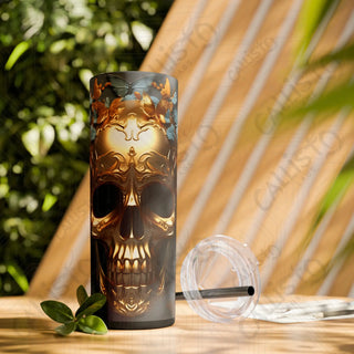 20oz Golden Skull Skinny Tumbler with Straw - Elegant and Edgy Drinkware for Stylish Sips - Matte / Black / 20oz