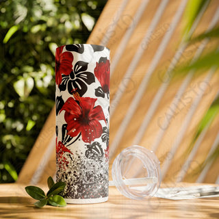 20oz Hibiscus Summer Flower Skinny Tumbler with Straw - Stylish Floral Sips for Every Season - Glossy / White / 20oz