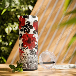 20oz Hibiscus Summer Flower Skinny Tumbler with Straw - Stylish Floral Sips for Every Season - Matte / Black / 20oz