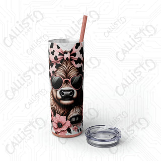 20oz Pink and Black Sassy Highland Cow Skinny Tumbler with Straw