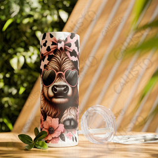 20oz Pink and Black Sassy Highland Cow Skinny Tumbler with Straw - Glossy / Glitter Moonrock / 20oz