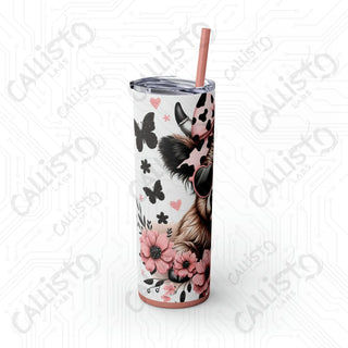 20oz Pink and Black Sassy Highland Cow Skinny Tumbler with Straw