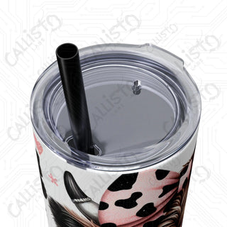 20oz Pink and Black Sassy Highland Cow Skinny Tumbler with Straw