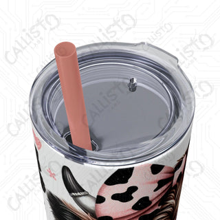 20oz Pink and Black Sassy Highland Cow Skinny Tumbler with Straw