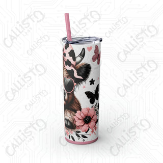 20oz Pink and Black Sassy Highland Cow Skinny Tumbler with Straw