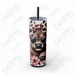 20oz Pink and Black Sassy Highland Cow Skinny Tumbler with Straw