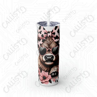 20oz Pink and Black Sassy Highland Cow Skinny Tumbler with Straw