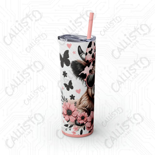 20oz Pink and Black Sassy Highland Cow Skinny Tumbler with Straw