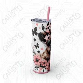 20oz Pink and Black Sassy Highland Cow Skinny Tumbler with Straw