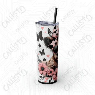 20oz Pink and Black Sassy Highland Cow Skinny Tumbler with Straw