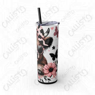 20oz Pink and Black Sassy Highland Cow Skinny Tumbler with Straw