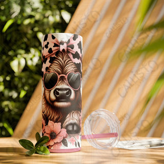 20oz Pink and Black Sassy Highland Cow Skinny Tumbler with Straw - Glossy / Glitter Magic Pink / 20oz