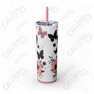 20oz Pink and Black Sassy Highland Cow Skinny Tumbler with Straw