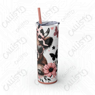 20oz Pink and Black Sassy Highland Cow Skinny Tumbler with Straw