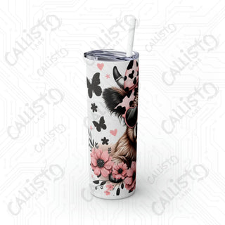 20oz Pink and Black Sassy Highland Cow Skinny Tumbler with Straw