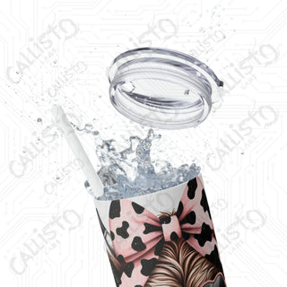 20oz Pink and Black Sassy Highland Cow Skinny Tumbler with Straw