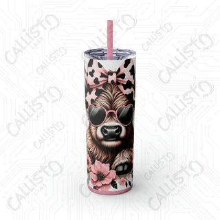 20oz Pink and Black Sassy Highland Cow Skinny Tumbler with Straw