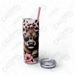 20oz Pink and Black Sassy Highland Cow Skinny Tumbler with Straw