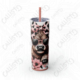 20oz Pink and Black Sassy Highland Cow Skinny Tumbler with Straw