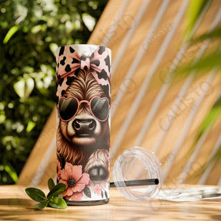 20oz Pink and Black Sassy Highland Cow Skinny Tumbler with Straw - Glossy / Glitter Black / 20oz