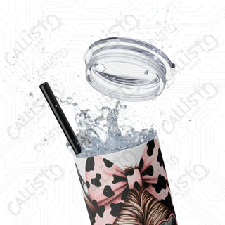 20oz Pink and Black Sassy Highland Cow Skinny Tumbler with Straw