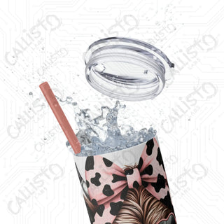 20oz Pink and Black Sassy Highland Cow Skinny Tumbler with Straw