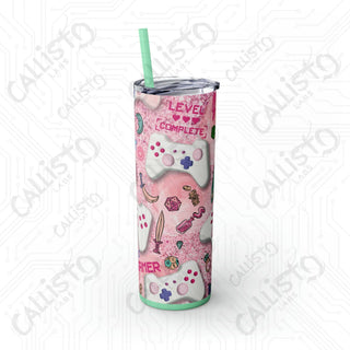 20oz Pink Girl Gamer Skinny Tumbler with Straw - Stylish Drinkware for Gaming Enthusiasts