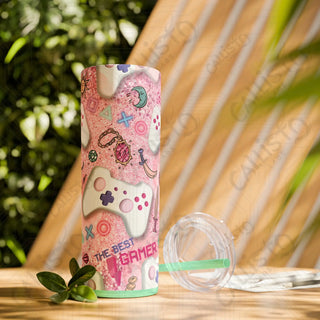 20oz Pink Girl Gamer Skinny Tumbler with Straw - Stylish Drinkware for Gaming Enthusiasts - Glossy / Mint / 20oz