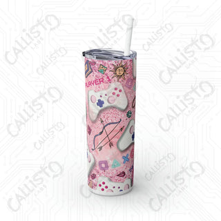 20oz Pink Girl Gamer Skinny Tumbler with Straw - Stylish Drinkware for Gaming Enthusiasts