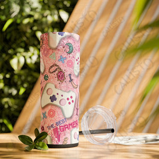 20oz Pink Girl Gamer Skinny Tumbler with Straw - Stylish Drinkware for Gaming Enthusiasts - Matte / Black / 20oz