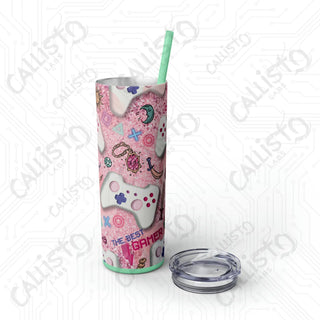 20oz Pink Girl Gamer Skinny Tumbler with Straw - Stylish Drinkware for Gaming Enthusiasts