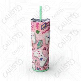 20oz Pink Girl Gamer Skinny Tumbler with Straw - Stylish Drinkware for Gaming Enthusiasts