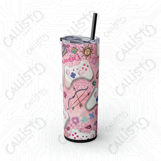 20oz Pink Girl Gamer Skinny Tumbler with Straw - Stylish Drinkware for Gaming Enthusiasts