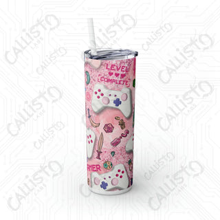 20oz Pink Girl Gamer Skinny Tumbler with Straw - Stylish Drinkware for Gaming Enthusiasts